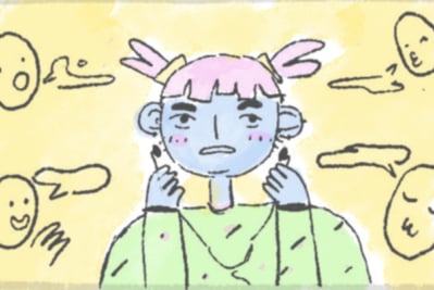 Storyboard image of a character that is overwhelmed by their surrounds. Dragonfly's animators crafted this storyboard together for Acorn Animations