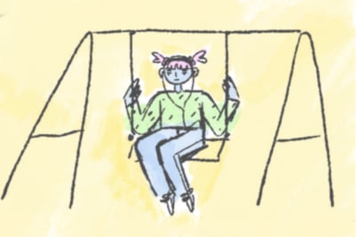 A hand-drawn storyboard image of a animated character, sitting on a swing. Created by Dragonfly's Animation Services