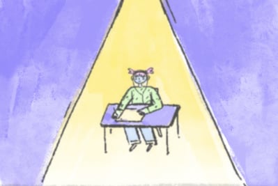 Storyboard sketch of a young female character with headphones on sitting at a desk. There is a spotlight above her