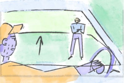 Early storyboard sketch of man driving a car with another character outside the window.