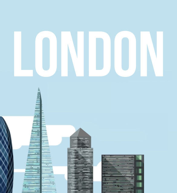 London with a blue graphic of the city skyline