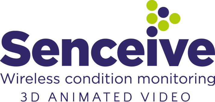 The image is the logo for Senceive, a company specializing in wireless condition monitoring. The logo features the company name in bold purple text, with three green and two blue dots forming a diamond shape above the letter "i." Below is the text "Wireless condition monitoring video production services.