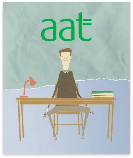 Illustration of a person sitting at a desk with a lamp and books, beneath the "aat" logo on a green textured background, perfect for case studies.