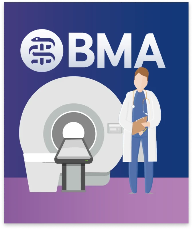 Illustration Of A Doctor Standing Next To An Mri Machine With 'Bma' Written In Large Letters At The Top. The Doctor Is Holding A Clipboard And Is Wearing A White Coat And Stethoscope. The Background Is Blue With A Purple Floor, Reminiscent Of Scenes Often Featured In Videos By Dragonfly. Illustration of a doctor standing next to an MRI machine with 'BMA' written in large letters at the top. The doctor is holding a clipboard and is wearing a white coat and stethoscope. The background is blue with a purple floor, reminiscent of scenes often featured in videos by Dragonfly.