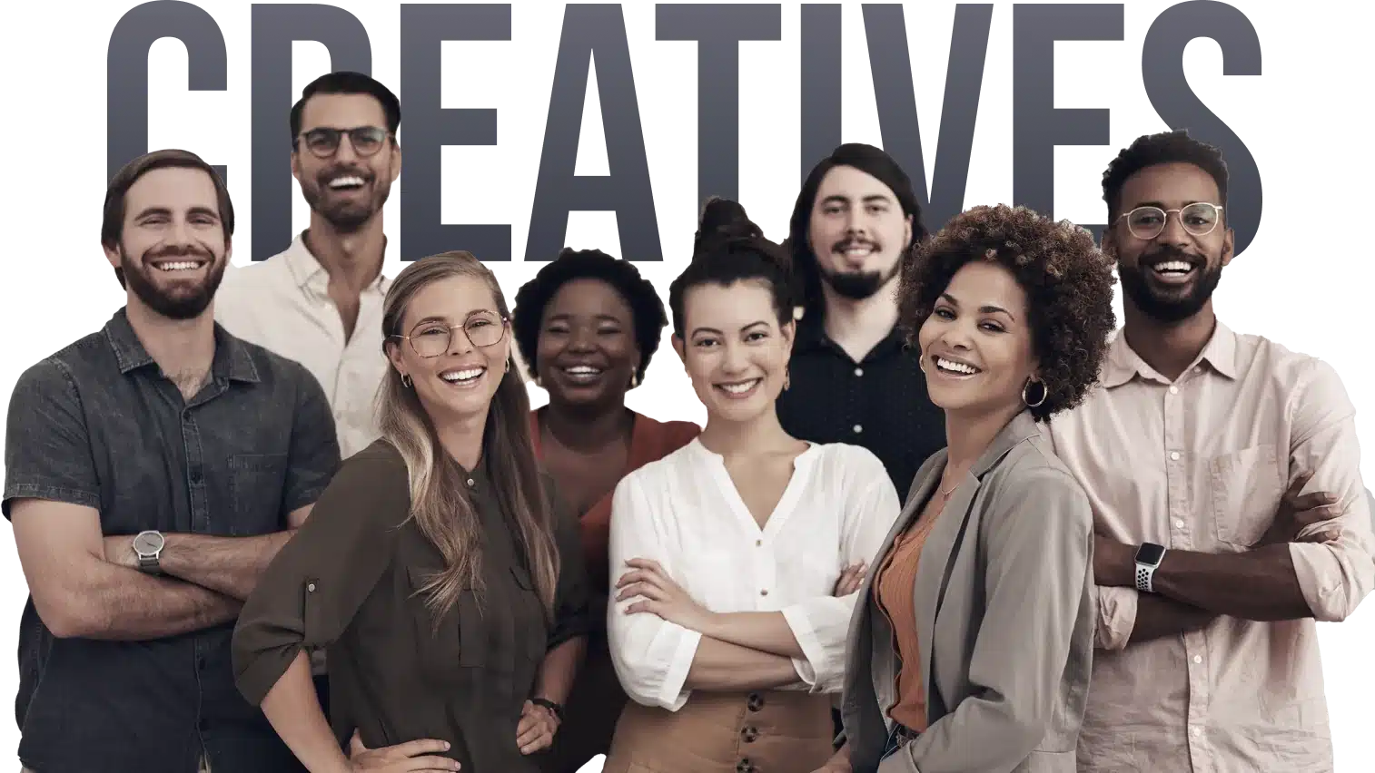 A Diverse Group Of Eight Smiling People Stand Together In Front Of A Wall With The Word &Quot;Creatives&Quot; Written In Large Letters. They Are Dressed Casually And Appear To Be Confident And Happy, Representing A Creative And Collaborative Environment. Meet The Dragonfly Team! A diverse group of eight smiling people stand together in front of a wall with the word "CREATIVES" written in large letters. They are dressed casually and appear to be confident and happy, representing a creative and collaborative environment. Meet the Dragonfly Team!