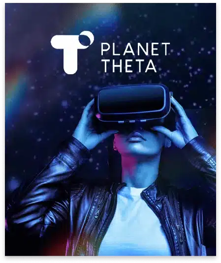 A Person Wearing A Virtual Reality Headset Looks Upwards Against A Dark, Starry Background. The Text &Quot;Planet Theta&Quot; And A Stylized &Quot;T&Quot; Logo Appear Above Their Head. The Person, Dressed In A Leather Jacket And White Shirt, Seems Ready To Meet The Team Behind The Dragonfly Team'S Latest Innovation. A person wearing a virtual reality headset looks upwards against a dark, starry background. The text "PLANET THETA" and a stylized "T" logo appear above their head. The person, dressed in a leather jacket and white shirt, seems ready to meet the team behind the Dragonfly Team's latest innovation.
