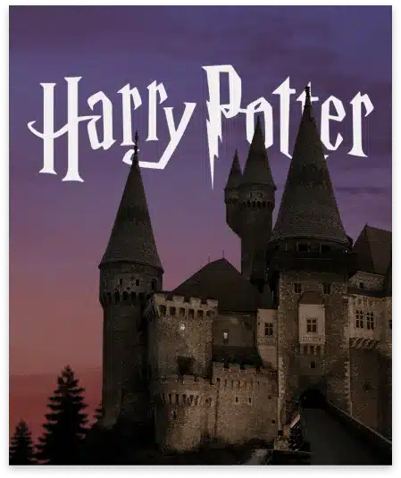 A Large Castle With Pointed Towers Is Set Against A Twilight Sky With Purple And Pink Hues. Text Above The Castle Reads &Quot;Harry Potter&Quot; In A Distinctive Font, Inviting You To Meet The Team Of Magical Adventurers. A large castle with pointed towers is set against a twilight sky with purple and pink hues. Text above the castle reads "Harry Potter" in a distinctive font, inviting you to meet the team of magical adventurers.