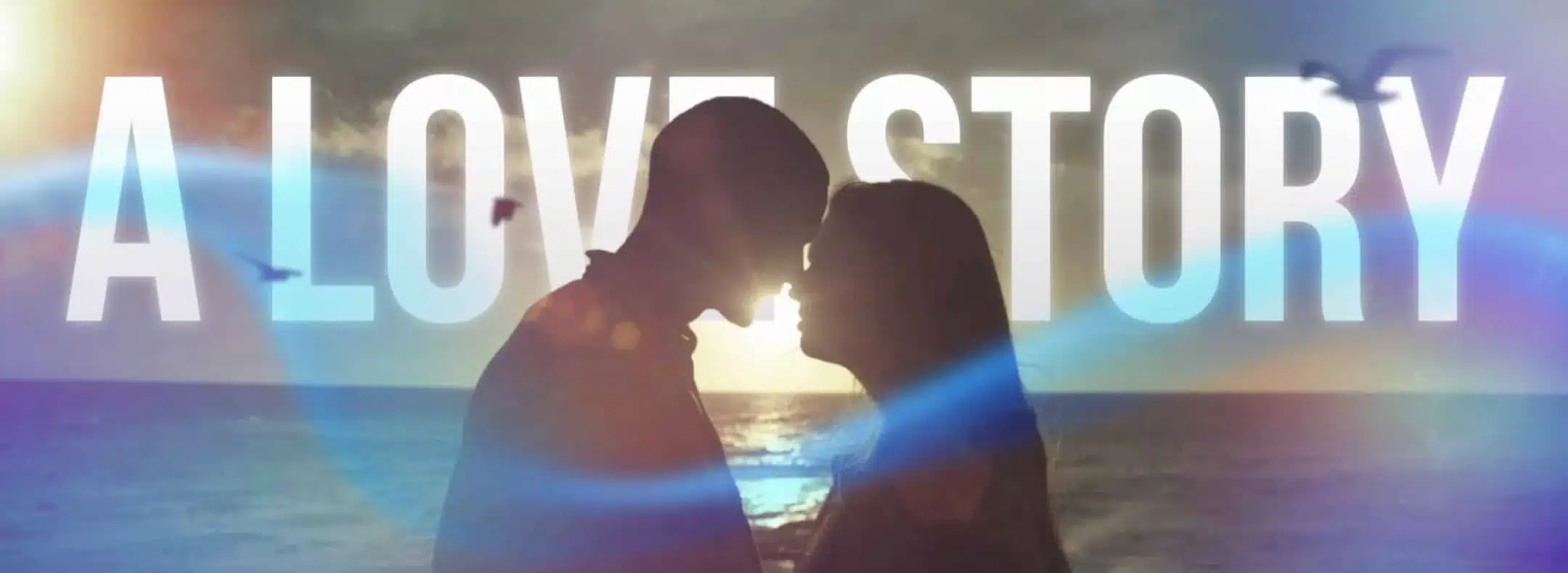 Silhouettes Of A Man And Woman Facing Each Other With The Ocean And A Setting Sun In The Background. Birds Are Flying, And The Text &Quot;A Love Story&Quot; Is Prominently Displayed Across The Top. Warm, Glowing Colors Enhance The Romantic Mood, Creating An Ideal Scene For Video Advertising. Silhouettes of a man and woman facing each other with the ocean and a setting sun in the background. Birds are flying, and the text "A LOVE STORY" is prominently displayed across the top. Warm, glowing colors enhance the romantic mood, creating an ideal scene for video advertising.