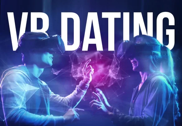 A Man And A Woman Wearing Virtual Reality Headsets Are Interacting While Glowing Lines And Dots Connect Them. The Text &Quot;Vr Dating&Quot; Is Prominently Displayed Above Them, Set Against A Dark Background With A Vibrant, Digital Ambiance, Making It Perfect For Video Advertising. A man and a woman wearing virtual reality headsets are interacting while glowing lines and dots connect them. The text "VR DATING" is prominently displayed above them, set against a dark background with a vibrant, digital ambiance, making it perfect for video advertising.
