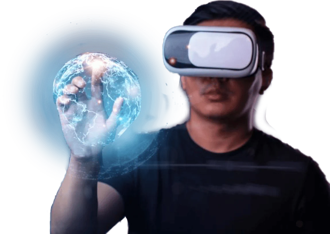 A Person Wearing A Virtual Reality Headset Interacts With A Holographic Image Of An Illuminated Globe, Using Their Right Hand To Touch It. The Individual Is Dressed In A Black Shirt, And The Background Is Partially Transparent, Creating A Captivating Scene Perfect For Video Advertising. A person wearing a virtual reality headset interacts with a holographic image of an illuminated globe, using their right hand to touch it. The individual is dressed in a black shirt, and the background is partially transparent, creating a captivating scene perfect for video advertising.