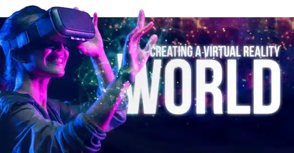 A Person Wearing A Virtual Reality Headset Interacts With A Vibrant, Virtual Environment. The Background Is Filled With Colorful, Glowing Patterns, And The Text &Quot;Creating A Virtual Reality World&Quot; Is Prominently Displayed, Making It Perfect For Dynamic Video Advertising. A person wearing a virtual reality headset interacts with a vibrant, virtual environment. The background is filled with colorful, glowing patterns, and the text "Creating a Virtual Reality World" is prominently displayed, making it perfect for dynamic video advertising.