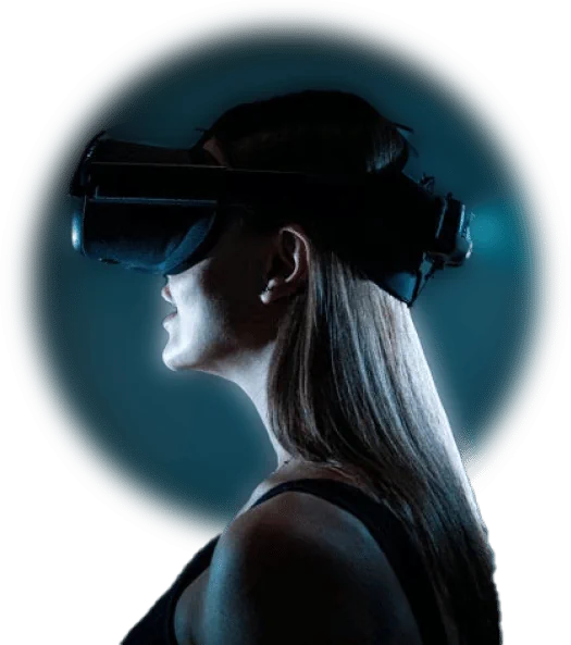 A Woman With Long Hair Wears A Virtual Reality Headset In A Dark, Blue-Lit Environment. She Is Seen In Profile, Facing Left, With The Headset Covering Her Eyes And Extending Around Her Head, Creating An Immersive Experience Perfect For Video Advertising. A woman with long hair wears a virtual reality headset in a dark, blue-lit environment. She is seen in profile, facing left, with the headset covering her eyes and extending around her head, creating an immersive experience perfect for video advertising.