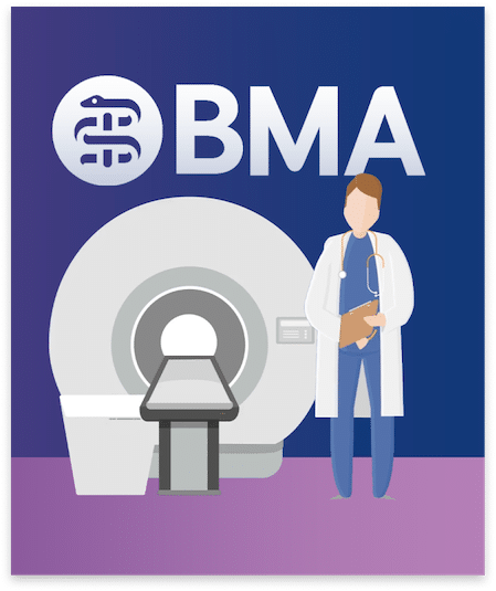 Illustration of a medical professional in a white coat and stethoscope standing beside an MRI machine, created by an animation company. Above them, the logo and text 'BMA' are displayed on a dark blue background.