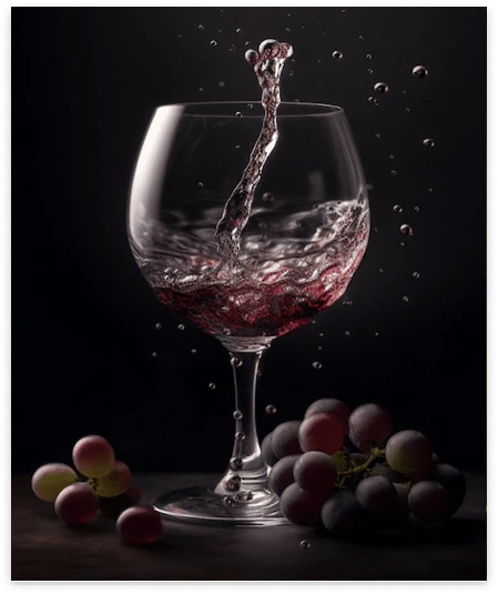 A splash of red wine pours into a half-filled wine glass, creating ripples. The glass is surrounded by clusters of red and purple grapes, set against a dark background, emphasizing the rich colors and textures. Perfect for your promotional video company to showcase elegance and luxury in your promotional videos.