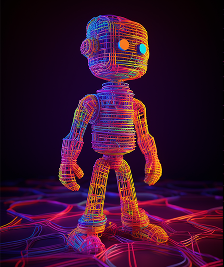 A colorful wireframe robot stands on a glowing, abstract floor. The robot has a humanoid shape with round eyes, and the wires making up its body are illuminated in bright neon colors, including pink, orange, and blue. The background is dark and futuristic.