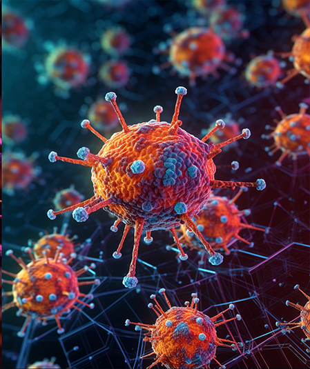 A close-up 3D illustration of various spherical virus particles with spike-like protrusions, floating against a dark, abstract background. The virus particles are depicted in colors ranging from orange to red, with blue highlights on the spikes.