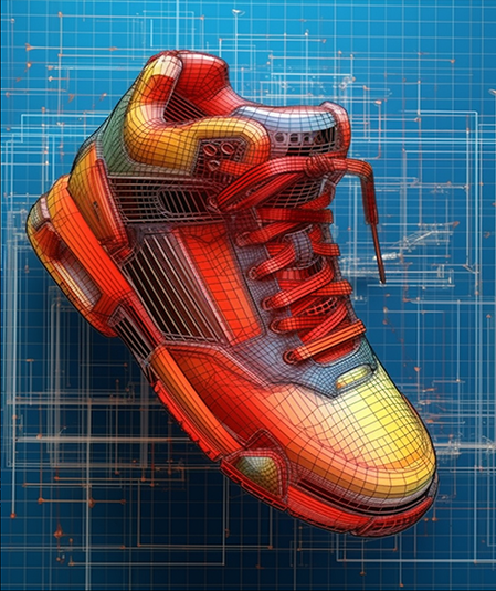 A digital rendering of a multicolored sneaker is set against a blue technical blueprint background. The sneaker, composed of wireframe lines, showcases intricate details and gradients of red, orange, and yellow, highlighting its design elements and structure.