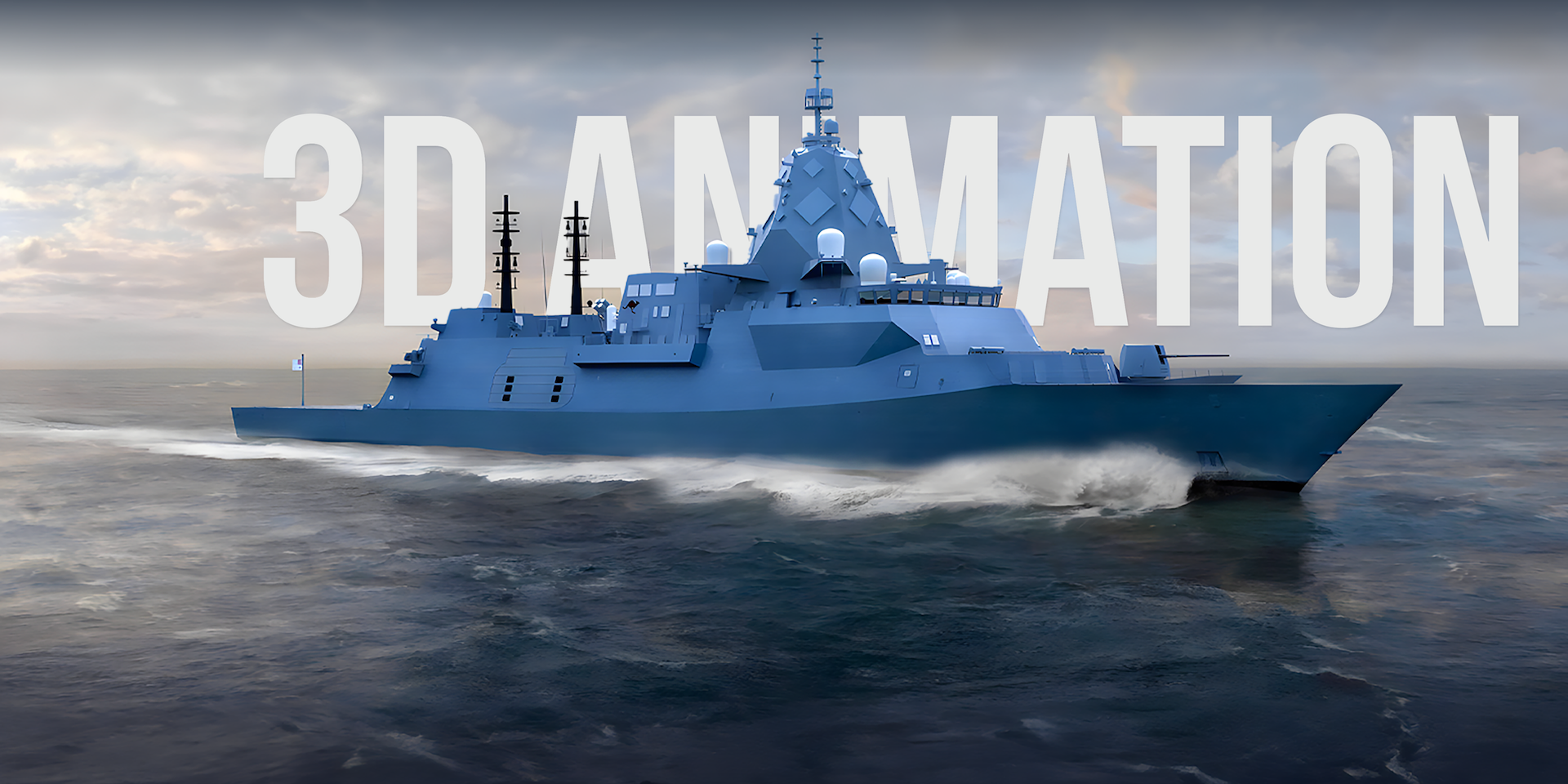 A digital rendering of a navy warship sailing through slightly choppy waters under a cloudy sky at sunset. The ship is grey-blue in color, and the words "3D ANIMATION" are displayed prominently in large, white, translucent letters behind the ship.