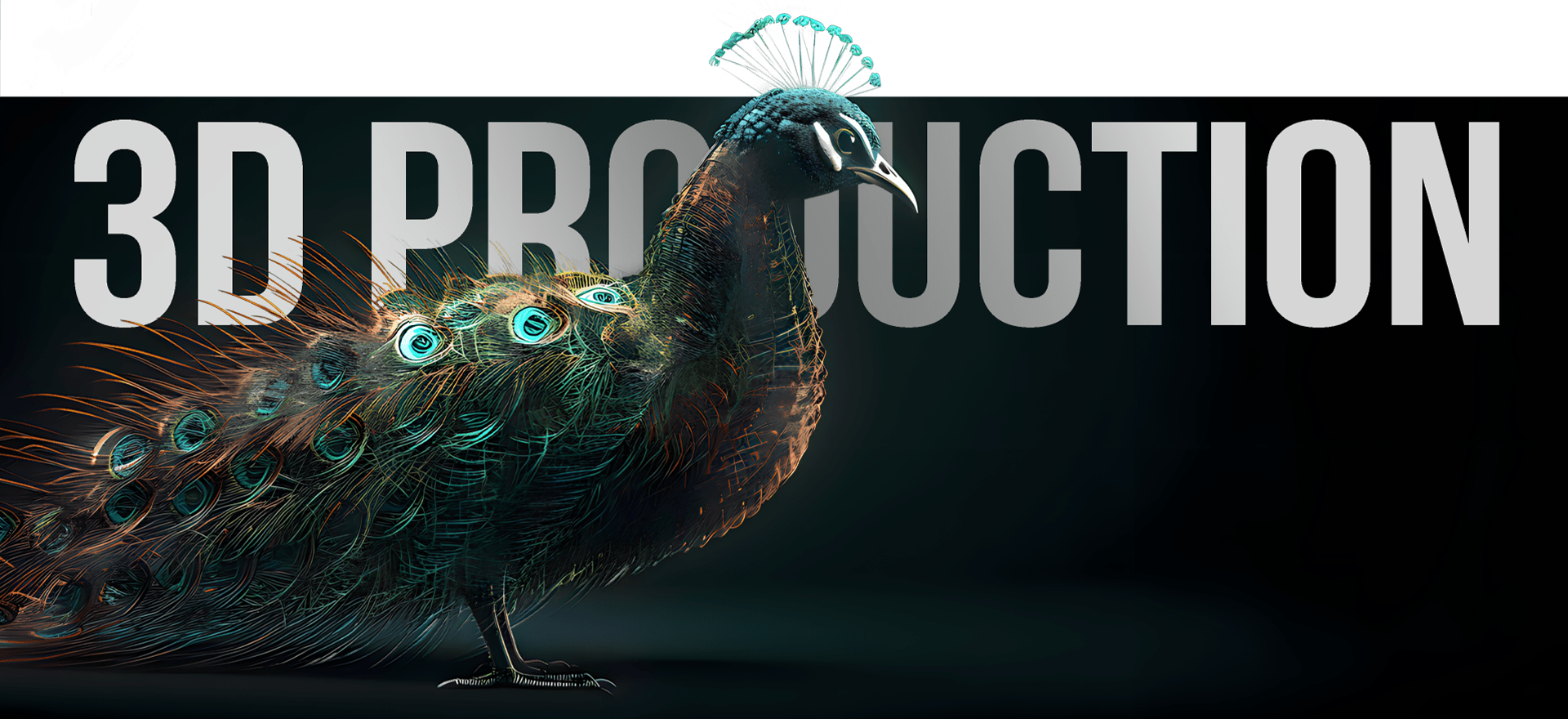 A Digital Rendering Of A Peacock With Vibrant, Detailed Feathers Stands In Front Of The Large Text &Quot;3D Production&Quot; Against A Dark Background. The Image Showcases The Intricate Design And Realistic Effect Achieved In 3D Modeling. A digital rendering of a peacock with vibrant, detailed feathers stands in front of the large text "3D PRODUCTION" against a dark background. The image showcases the intricate design and realistic effect achieved in 3D modeling.