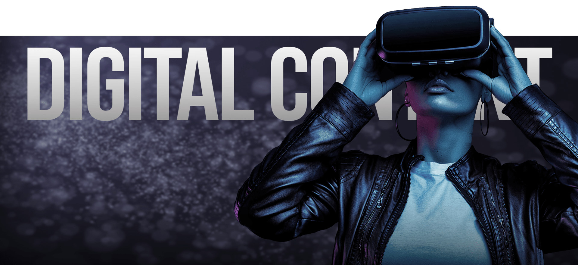 A person in a black leather jacket is using a virtual reality headset. The background features a digital, sparkly pattern with the words "DIGITAL CONSENT" in large, bold letters.