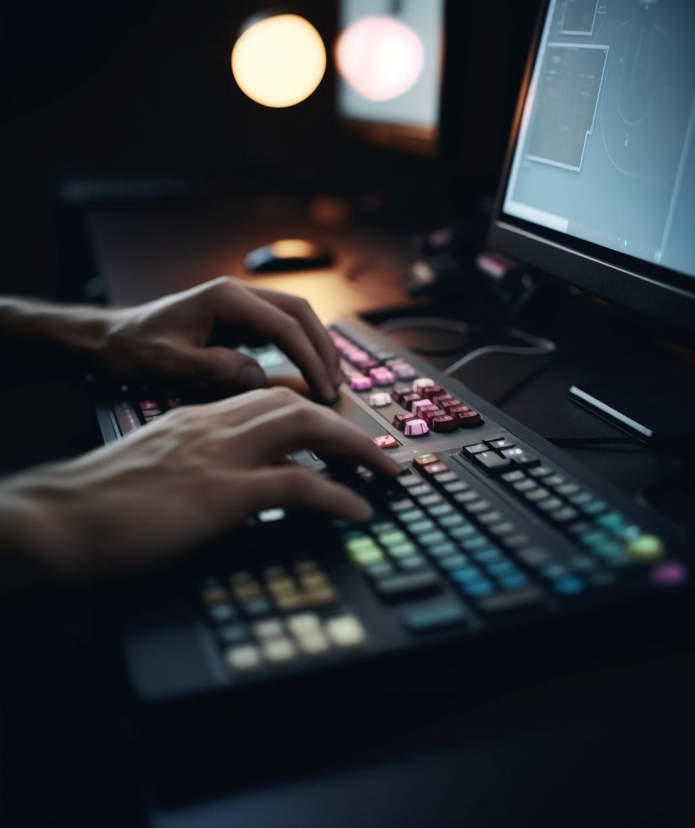 A person is typing on a mechanical keyboard with RGB backlighting. The setup includes a monitor displaying diagrams or code, suggesting a focus on programming or video editing. Warm, ambient lights in the background create an inviting environment for computer work.