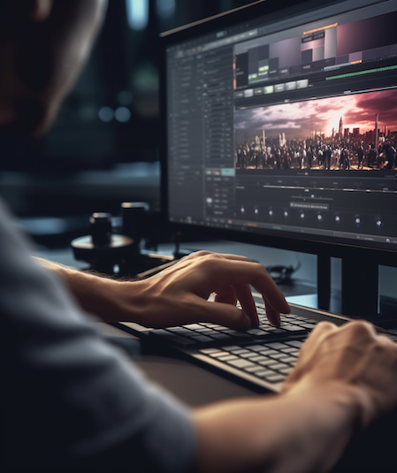 A person working on a computer with a video editing service displayed on the screen. The software interface shows a cityscape with a dramatic sky, and various editing tools and timelines are visible. The room is dimly lit, emphasizing the screen's brightness.