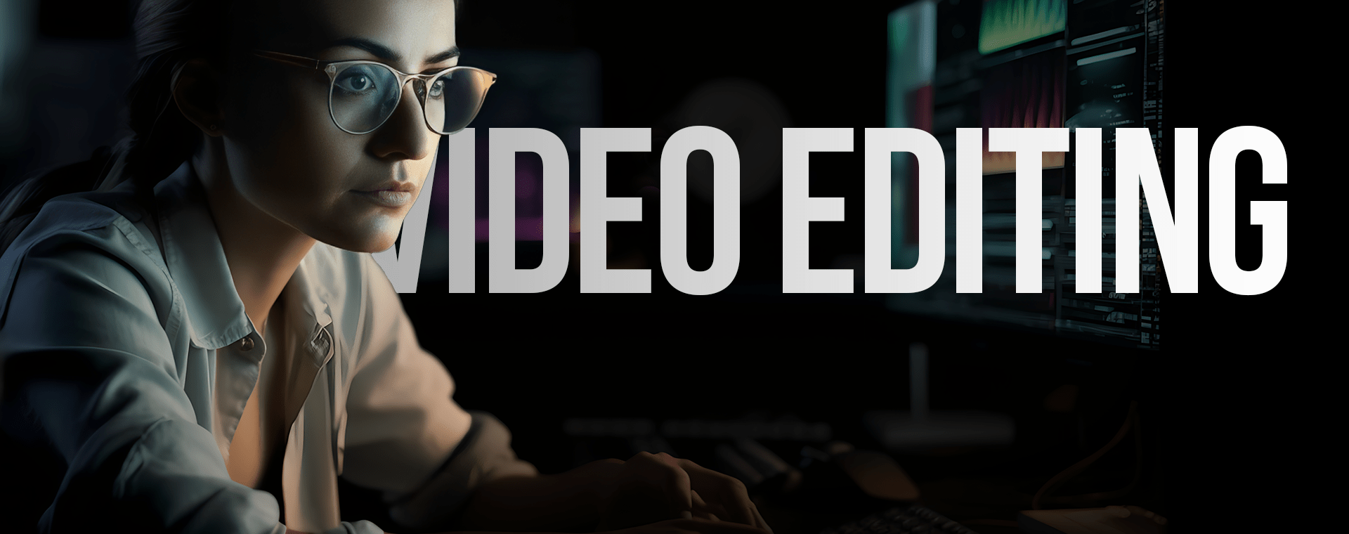 A Person Wearing Glasses And A White Shirt Is Focused On A Computer Screen, Likely Performing Tasks Related To Video Editing. The Words &Quot;Video Editing&Quot; Are Prominently Displayed Across The Image. The Background Features A Dark Workspace With Monitors. A person wearing glasses and a white shirt is focused on a computer screen, likely performing tasks related to video editing. The words "VIDEO EDITING" are prominently displayed across the image. The background features a dark workspace with monitors.