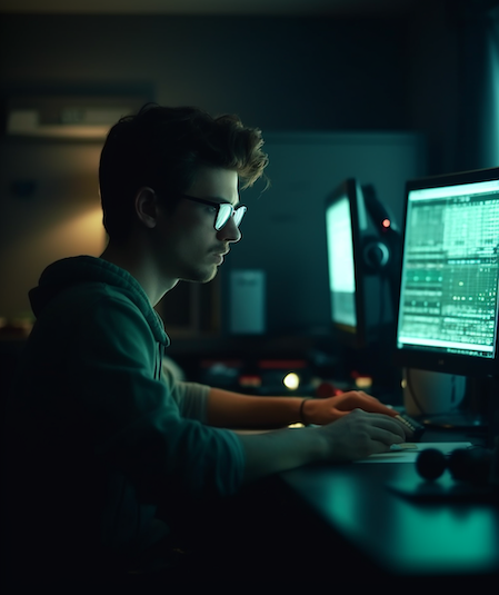A person wearing glasses sits in a dimly lit room, intently working at a dual-monitor setup. Both monitors display complex video editing software or data. The person appears focused, with only the glow of the screens illuminating their face.