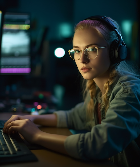 A young woman with glasses and braided hair works intently on a computer. She wears headphones and sits in a dimly lit room with multiple monitors showing data and graphics, likely engaging in video editing. The scene suggests a tech-savvy or gaming environment.