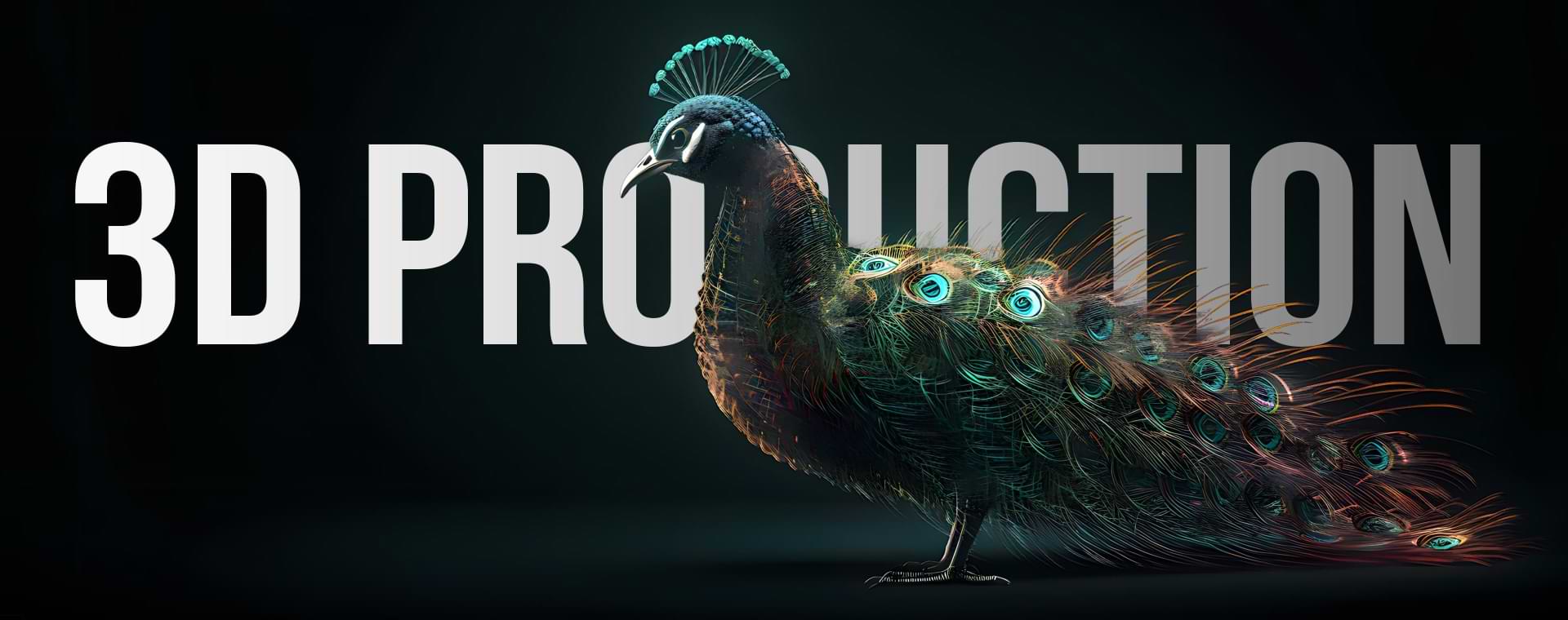 A vibrant 3D-rendered peacock stands proudly with its detailed feathers fanned out, displaying intricate patterns. The words "3D PRODUCTION" appear in large white letters in the background. The image has a dark, dramatic backdrop.