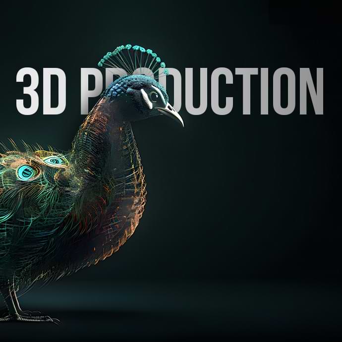 3D Production, animation service. A Peacock with the light shining down on it, revealing its colourful feathers.