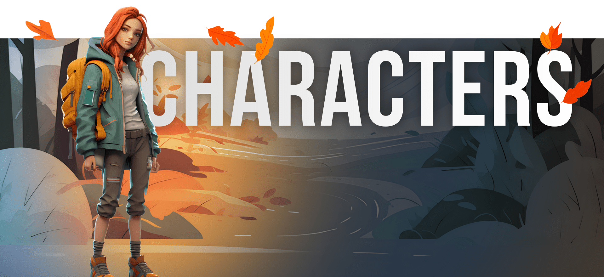 A young female character with red hair wearing a teal hoodie, orange backpack, and gray pants stands against a backdrop split between colorful, warm tones on the left and dark, moody tones on the right. Large text reads "CHARACTERS" with autumn leaves around.