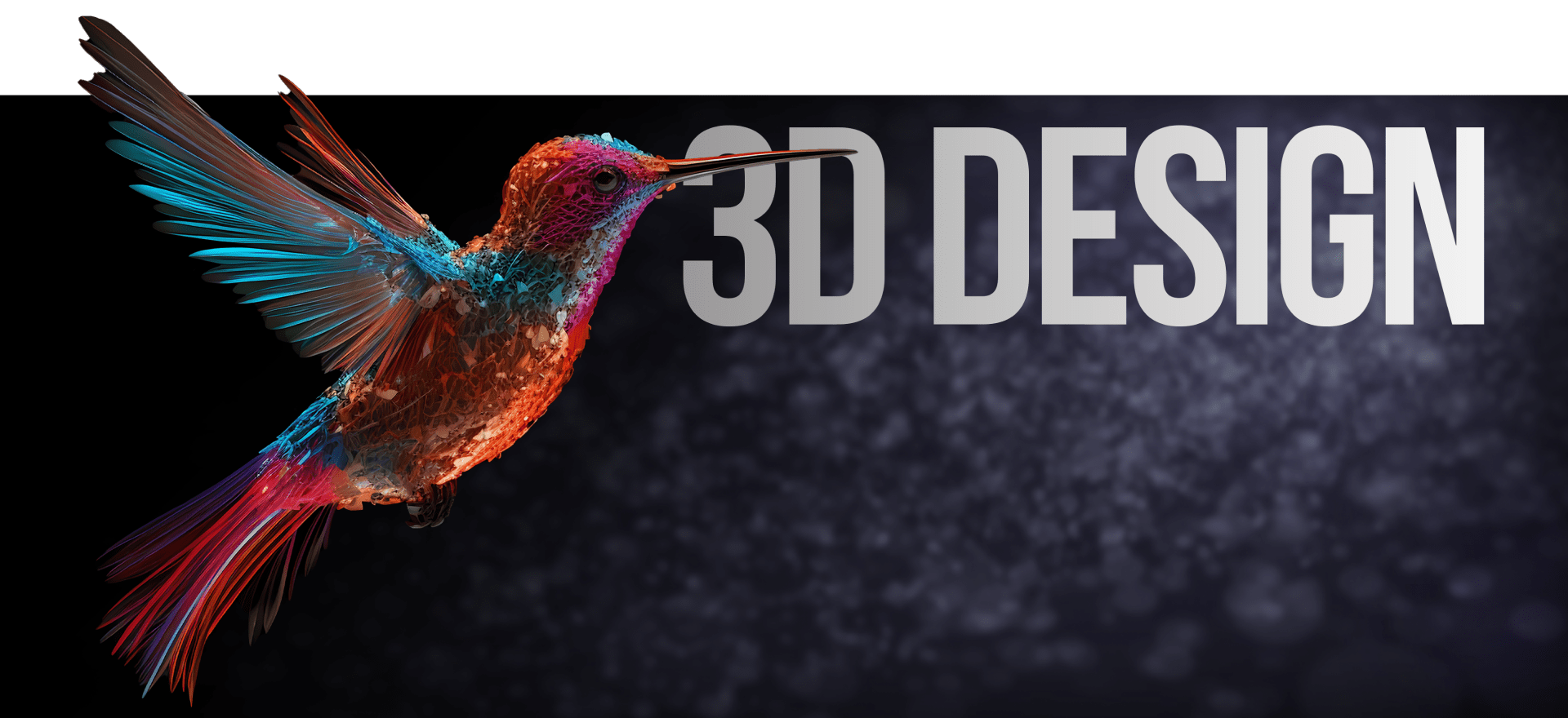 A colorful, realistic 3D-rendered hummingbird with detailed feathers is shown flying against a dark background, with the text "3D DESIGN" in bold white letters to the right.