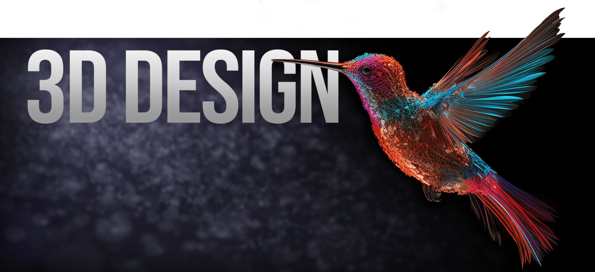 A vibrant, multi-colored 3D-rendered hummingbird in flight against a dark background with light bokeh effects is positioned to the right. To the left, bold metallic text reads "3D DESIGN.