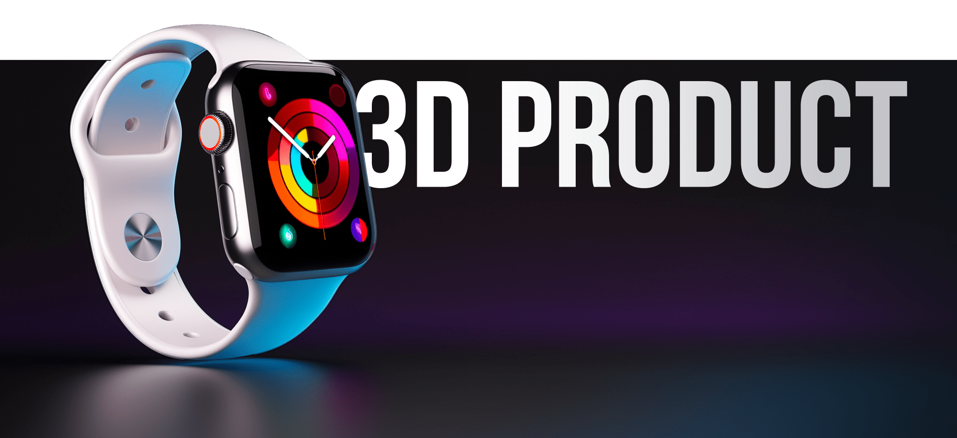 A Smart Watch With A White Band, Displaying A Colorful Clock Face, Is Featured Against A Dark Background. The Large Text &Quot;3D Product&Quot; Is Written In Bold, White Letters To The Right Of The Watch. A smart watch with a white band, displaying a colorful clock face, is featured against a dark background. The large text "3D PRODUCT" is written in bold, white letters to the right of the watch.