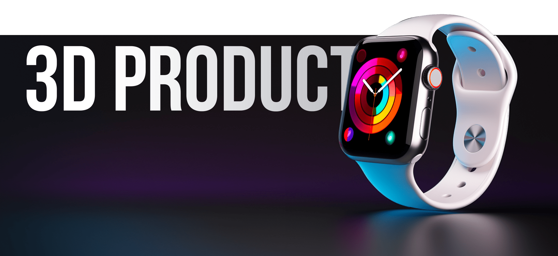 A 3D Rendering Of A Smartwatch With A White Band And Colorful Watch Face Displayed Against A Dark Gradient Background. The Text &Quot;3D Product&Quot; Is Prominently Shown On The Left Side Of The Image. A 3D rendering of a smartwatch with a white band and colorful watch face displayed against a dark gradient background. The text "3D PRODUCT" is prominently shown on the left side of the image.