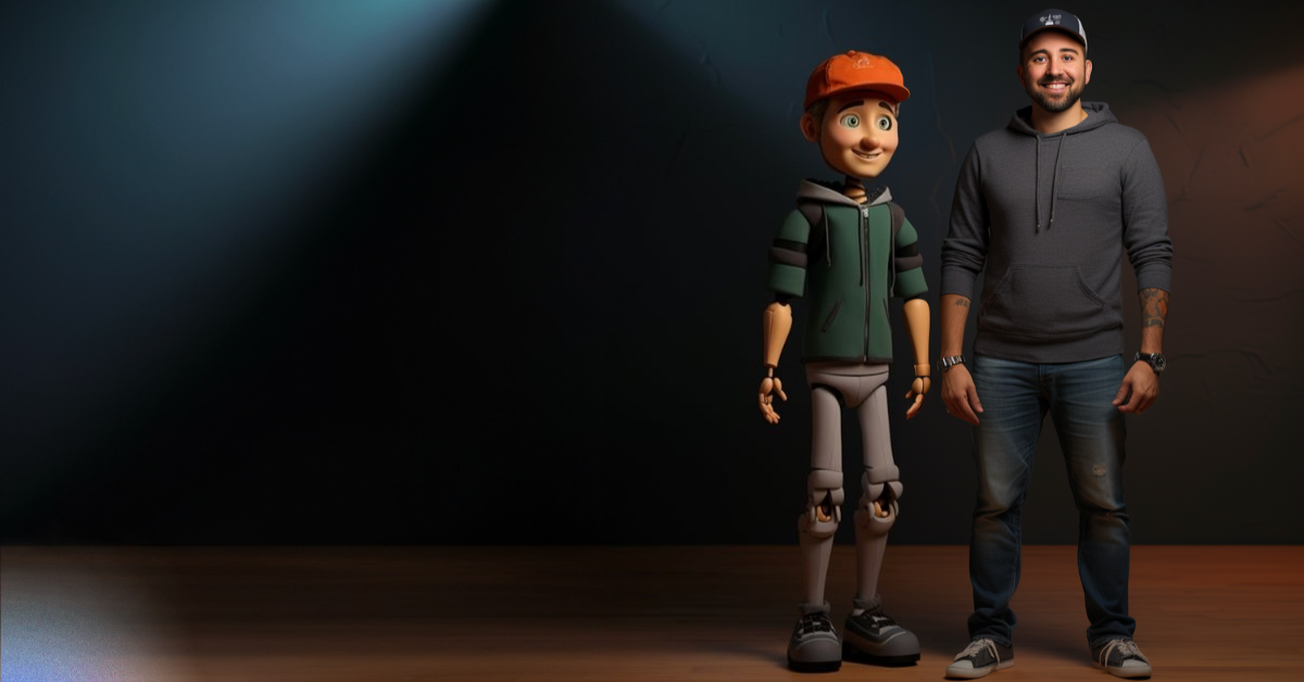 Animation Vs Live-Action. An animated character standing next to a male actor.