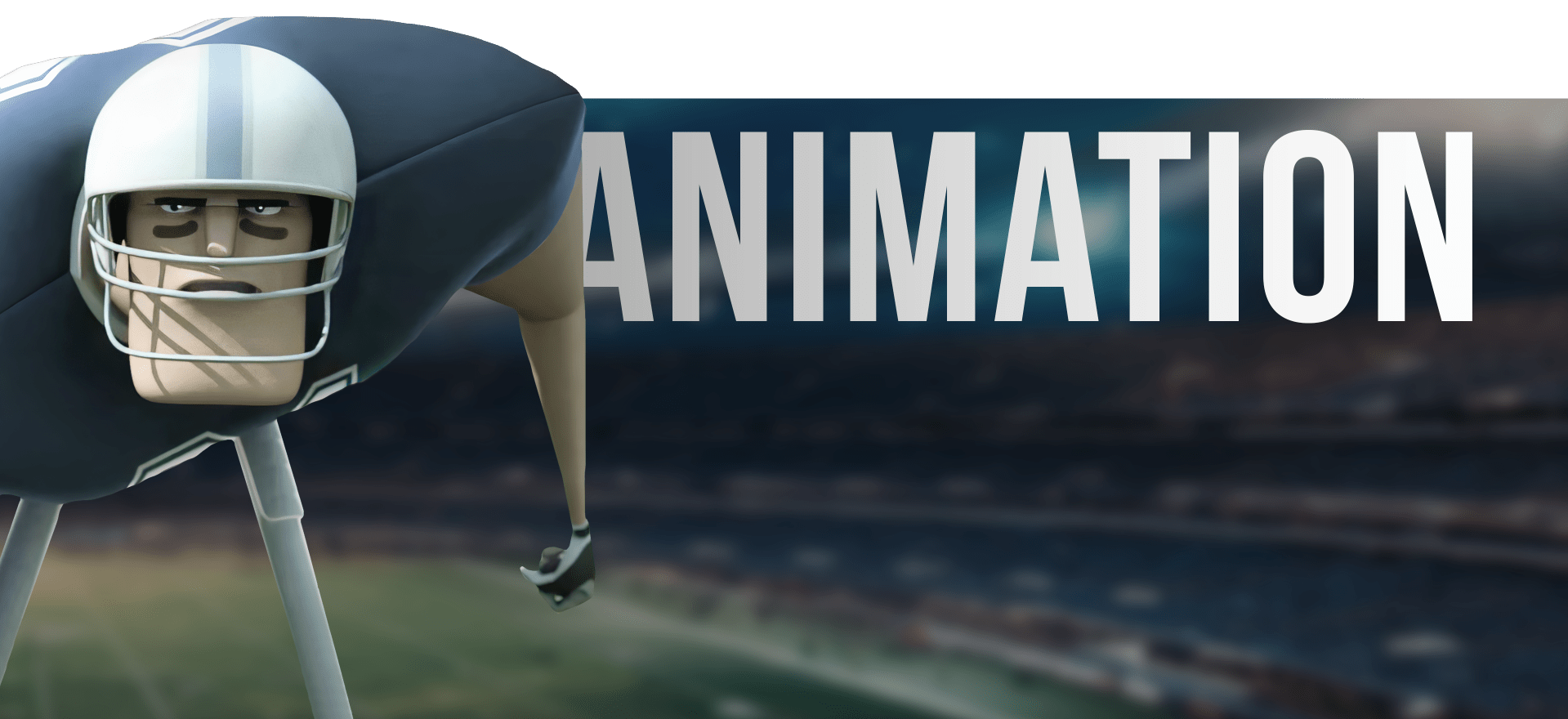 A computer-generated football player stands in a stadium, wearing a helmet and uniform with a focused expression. The background includes blurred stadium seats, and the word "ANIMATION" is prominently displayed in large white letters.
