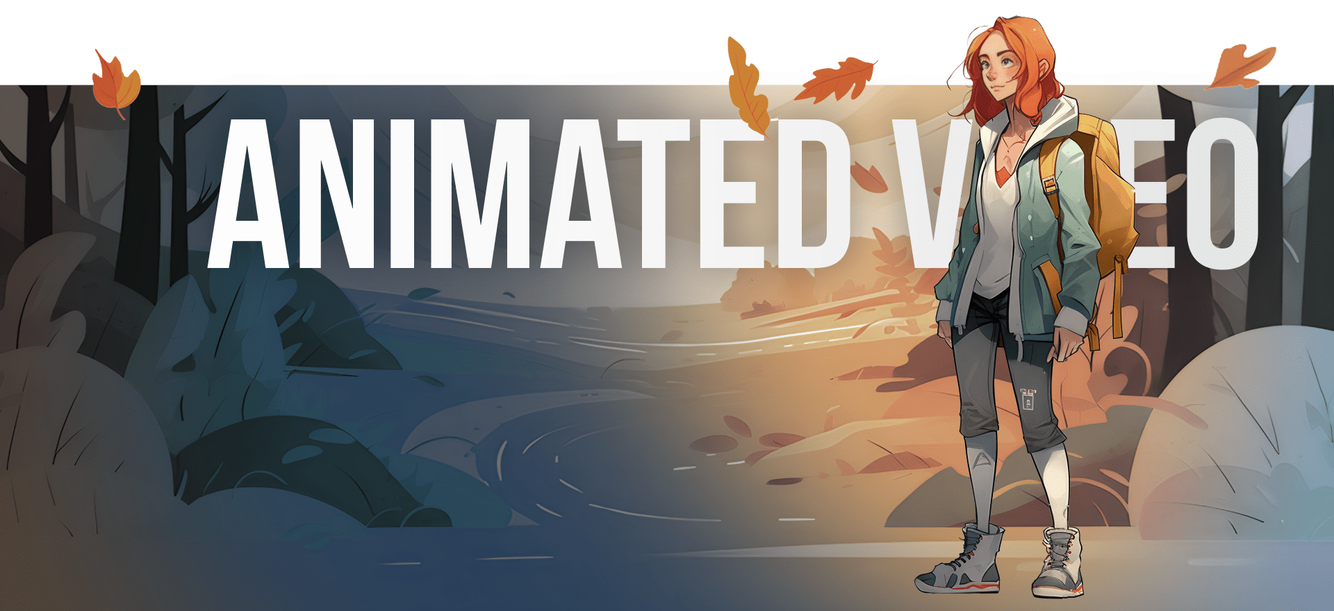 A Vibrant Illustration Of A Woman With Orange Hair And A Teal Jacket Standing Beside Large Text That Reads &Quot;Animated Video.&Quot; The Background Transitions From A Dark Forest On The Left To A Sunlit Forest Scene On The Right, With Falling Autumn Leaves. A vibrant illustration of a woman with orange hair and a teal jacket standing beside large text that reads "ANIMATED VIDEO." The background transitions from a dark forest on the left to a sunlit forest scene on the right, with falling autumn leaves.