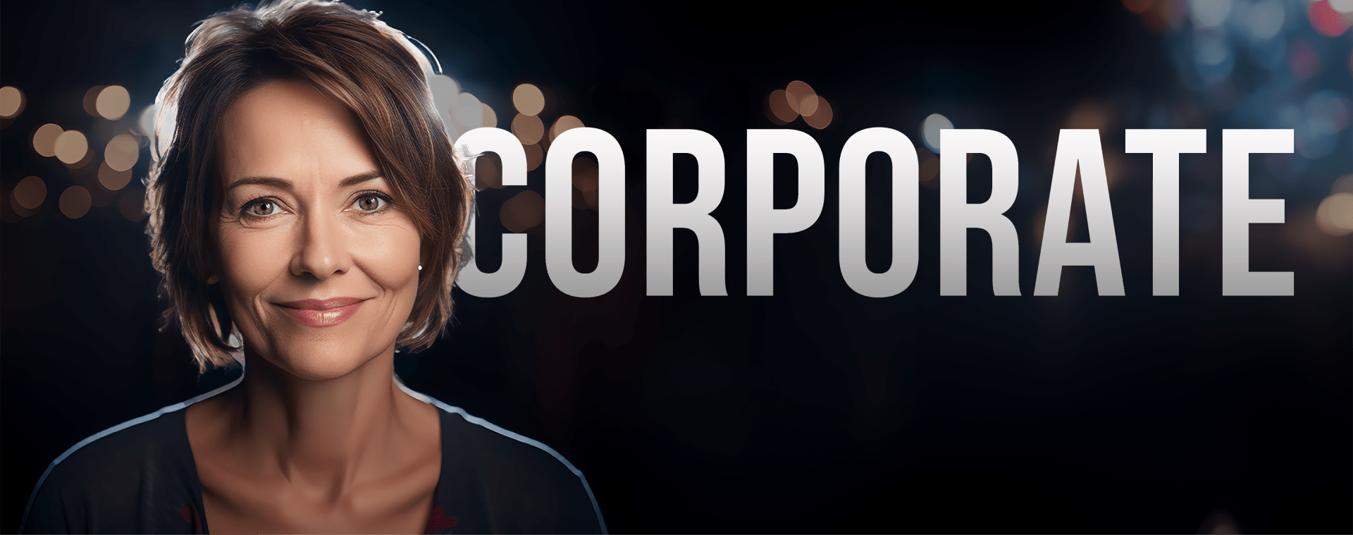 A smiling person with short hair is depicted alongside the large word "CORPORATE" in the background. The image is well-lit, with a dark, blurred backdrop featuring bokeh lights. The person appears poised and confident.