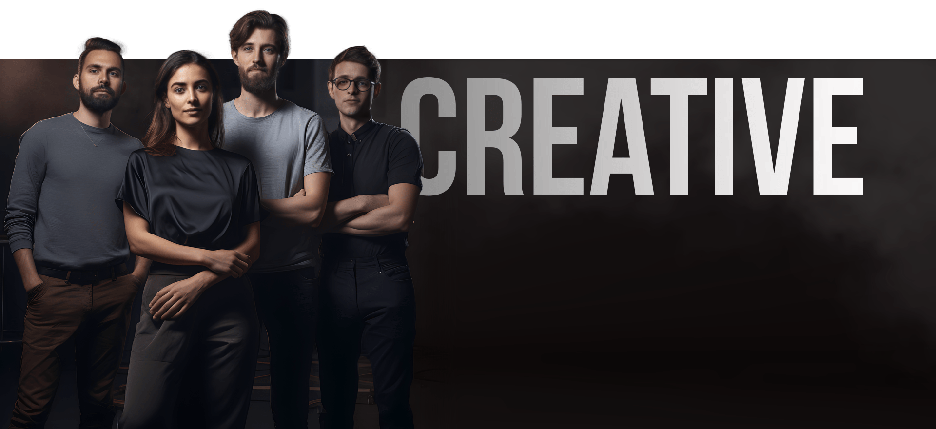Four Individuals Are Standing Next To Each Other, Facing The Camera, With The Word &Quot;Creative&Quot; In Large, Bold Text To Their Right On A Dark Background. They Are Casually Dressed, Giving A Confident And Professional Vibe. The Setting Seems To Be A Studio. Four individuals are standing next to each other, facing the camera, with the word "CREATIVE" in large, bold text to their right on a dark background. They are casually dressed, giving a confident and professional vibe. The setting seems to be a studio.