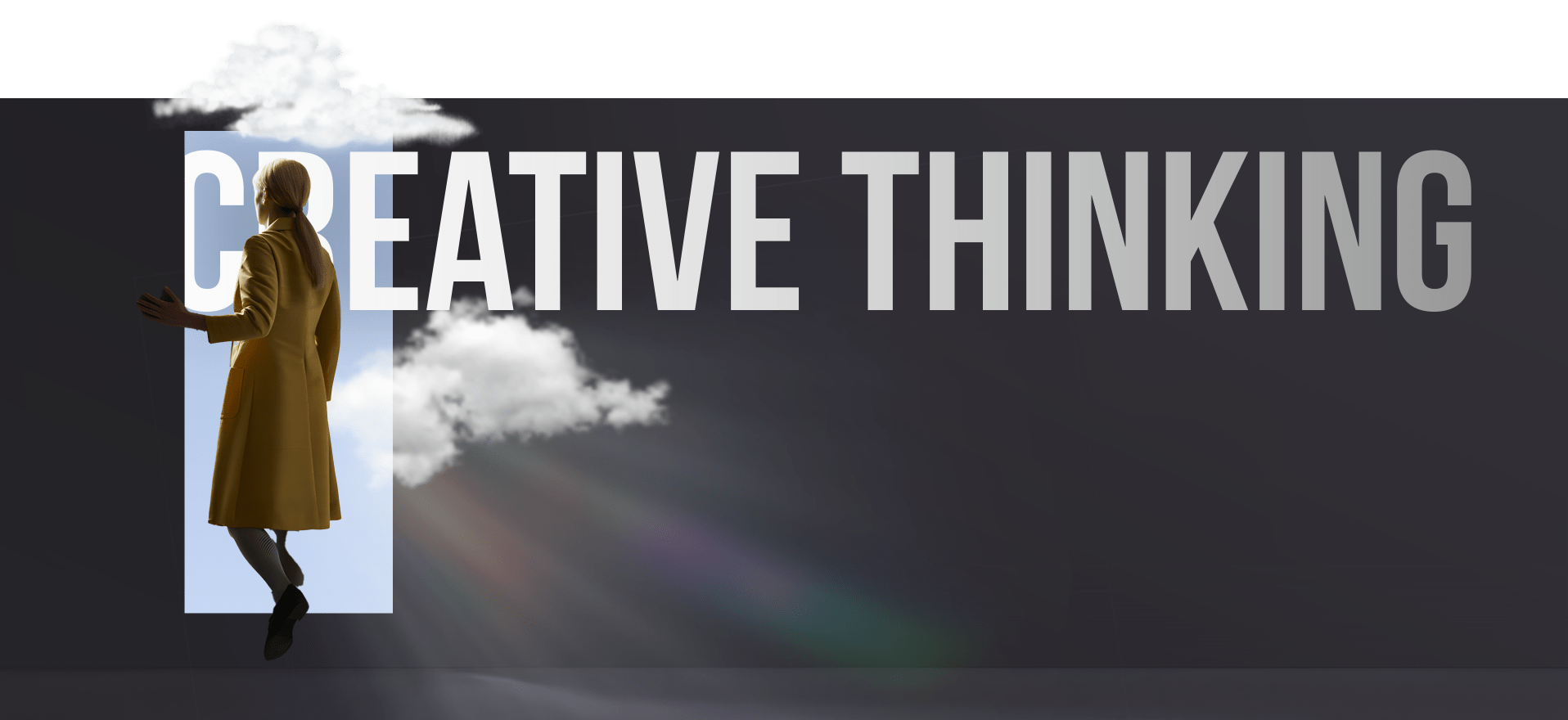 A person in a yellow coat stands partly obscured by clouds, facing a large, partially cloud-covered word "CREATIVE THINKING" on a dark background. Light rays extend outward from the text, giving a mystical effect.