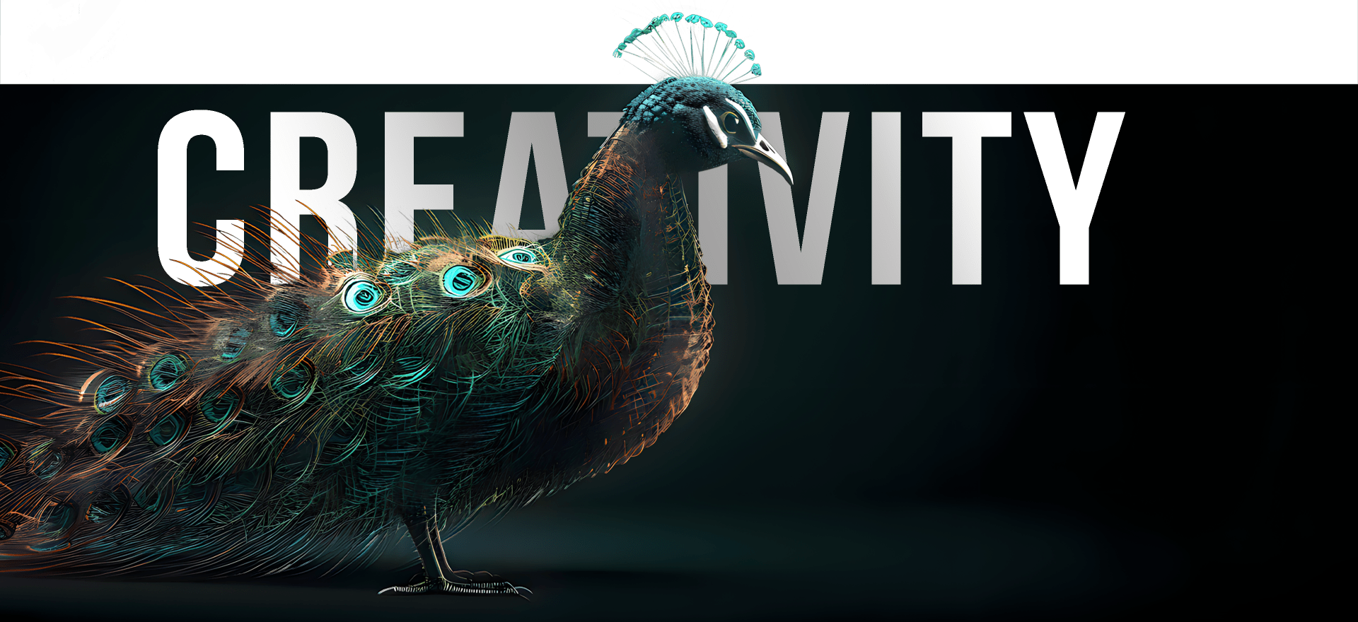 A Vibrant Peacock With Elaborate, Colorful Plumage Is Shown Against A Dark Background. The Word &Quot;Creativity&Quot; Is Prominently Displayed Behind The Peacock In Bold, White Letters. The Image Has A Green Color Scheme Accentuating The Peacock'S Feathers. A vibrant peacock with elaborate, colorful plumage is shown against a dark background. The word "CREATIVITY" is prominently displayed behind the peacock in bold, white letters. The image has a green color scheme accentuating the peacock's feathers.