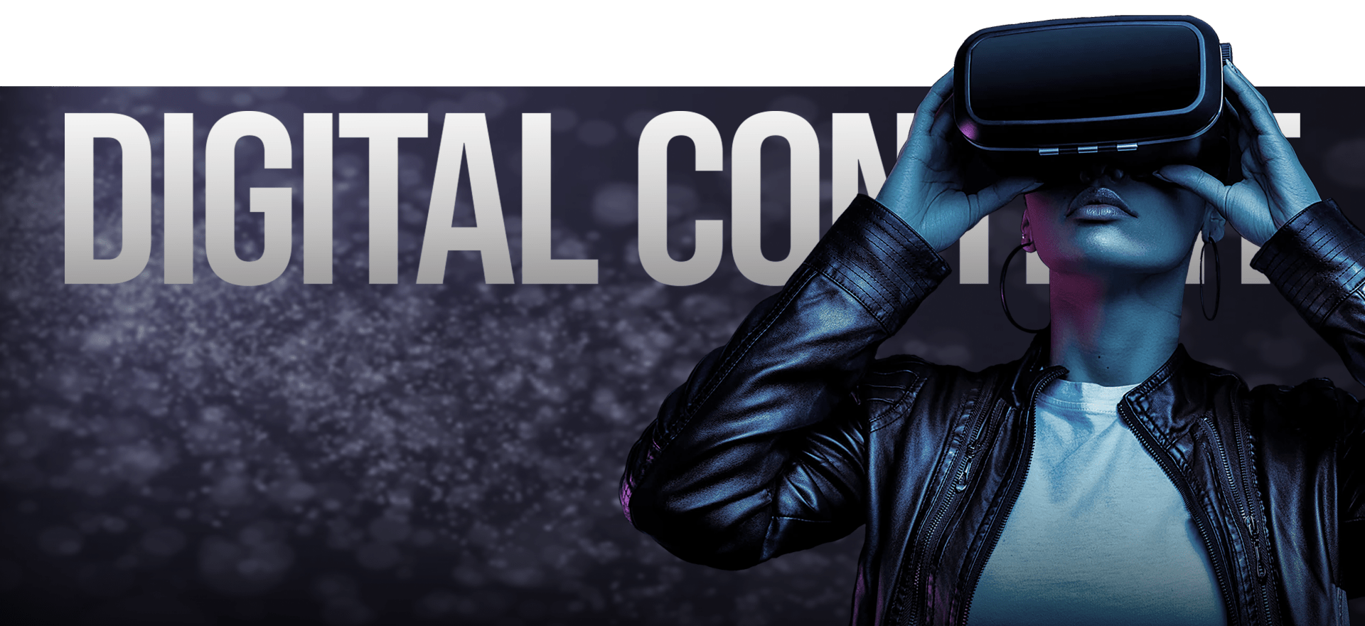 A person wearing a leather jacket and a white shirt is using a virtual reality headset. The background features the blurred text "DIGITAL CONTACT" with a gradient of dark blue and black colors and abstract light particles.