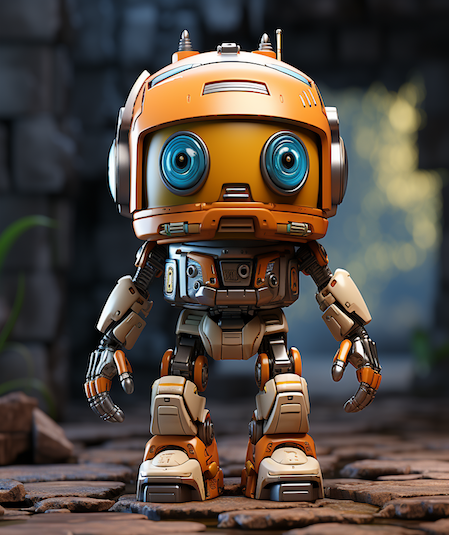 A small, orange and silver robot with big blue eyes stands in an ancient stone ruin, brought to life through stunning 3D animation. The robot has a rounded head with intricate mechanical details and appears to be looking directly at the viewer. The background is slightly blurred with hints of greenery.