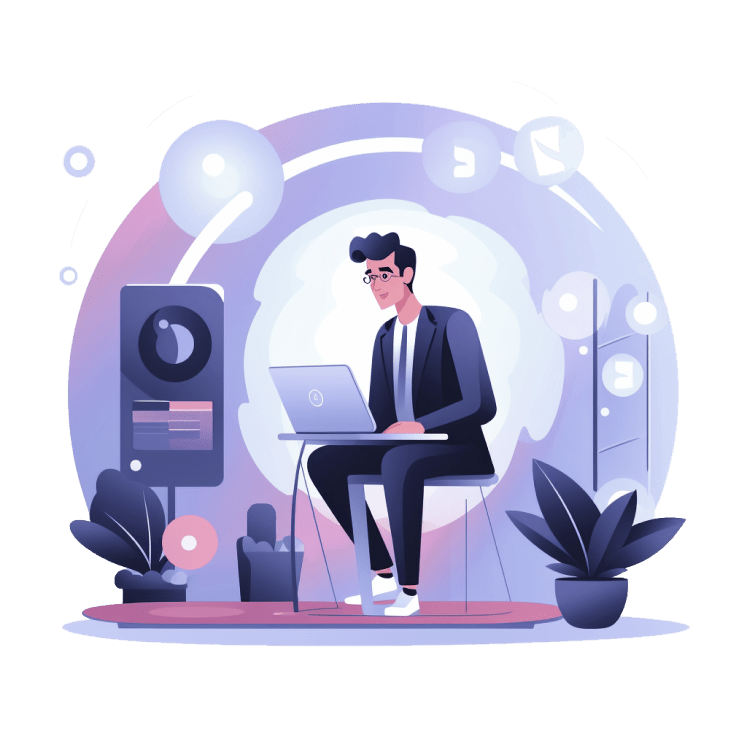 Illustration Of A Man Sitting On A Stool Using A Laptop. He Is In A Modern, Abstract Environment With Various Circular Elements, Plants, And Stylized Equipment Around Him. The Color Scheme Is Predominantly Purple And Blue, Giving A Futuristic And Digital Feel. Illustration of a man sitting on a stool using a laptop. He is in a modern, abstract environment with various circular elements, plants, and stylized equipment around him. The color scheme is predominantly purple and blue, giving a futuristic and digital feel.