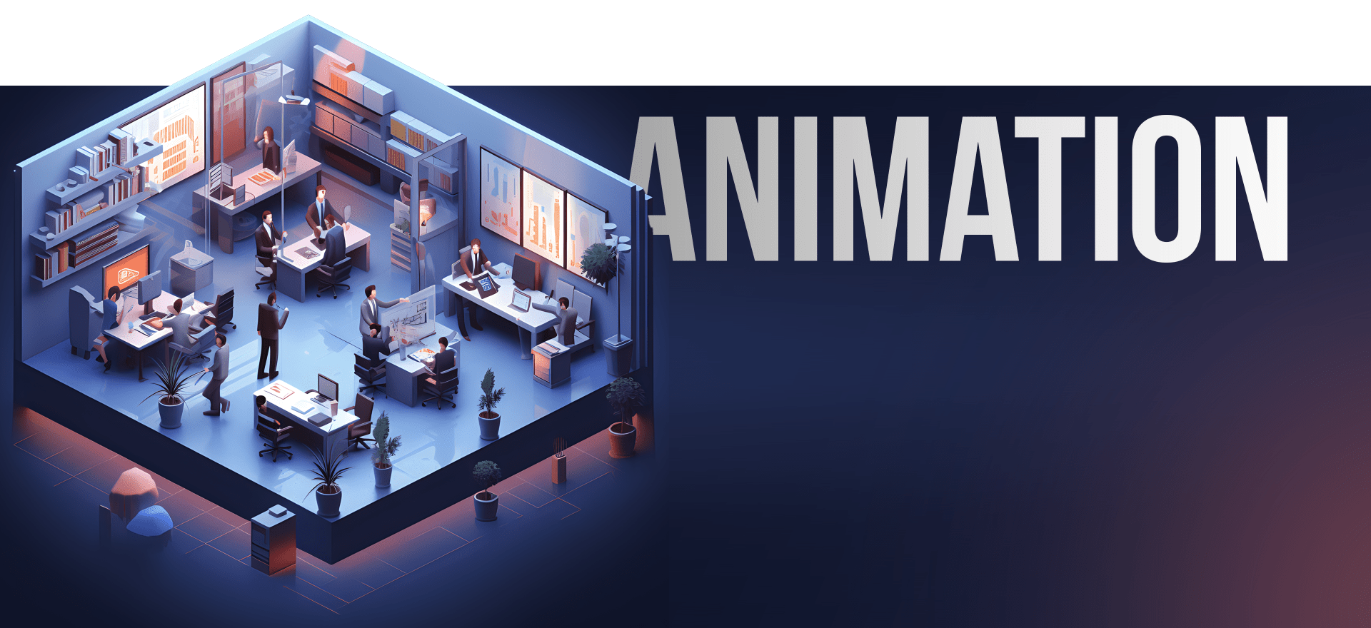 Isometric Illustration Of An Indoor Office Space With Individuals Working At Desks And Using Computers. Large &Quot;Animation&Quot; Text In Bold Is Displayed Beside The Office Scene. The Background Is Predominantly Dark Blue, Contrasting With The Lit-Up Office Area. Isometric illustration of an indoor office space with individuals working at desks and using computers. Large "ANIMATION" text in bold is displayed beside the office scene. The background is predominantly dark blue, contrasting with the lit-up office area.
