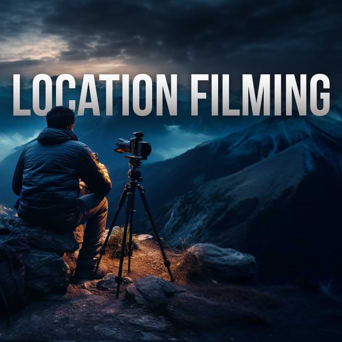 A Person Sits On A Rock With A Camera On A Tripod, Facing A Dramatic Mountain Landscape At Dusk. The Sky Is Cloudy, And The Scene Is Bathed In A Moody, Dim Light. The Text &Quot;Location Filming&Quot; Is Prominently Displayed Above. A person sits on a rock with a camera on a tripod, facing a dramatic mountain landscape at dusk. The sky is cloudy, and the scene is bathed in a moody, dim light. The text "LOCATION FILMING" is prominently displayed above.