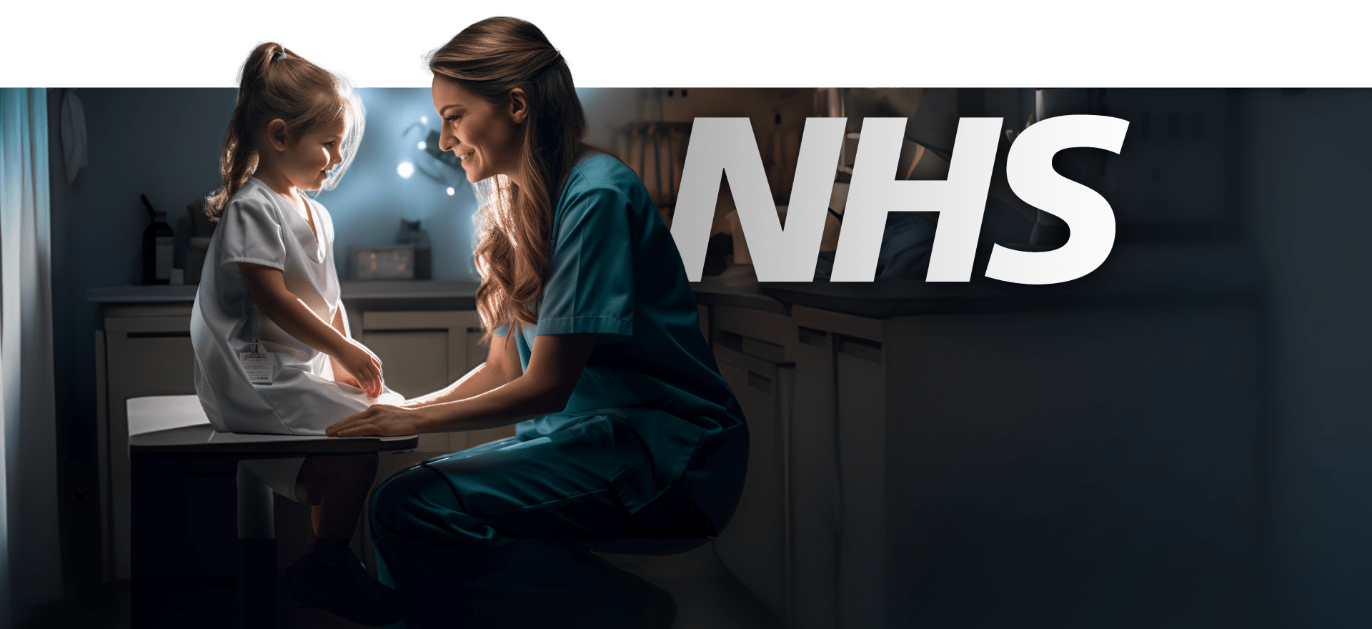 A female nurse in teal scrubs sits in a well-lit clinic room, attentively examining a young girl in a white medical gown who is seated on an exam table. The letters "NHS" are prominently displayed in the background.