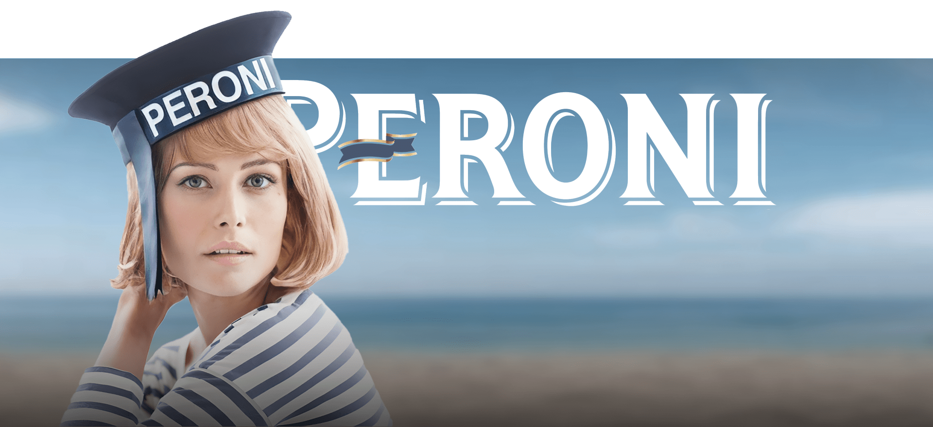 A woman wearing a striped shirt and a sailor-style hat with "PERONI" written on it poses against a blurred beach background. The word "PERONI" appears prominently in large letters above her head.